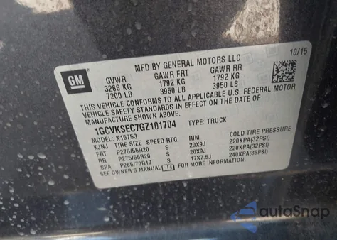 2016 Chevrolet Silverado 1500 2Lz z USA, uszkodzony, nr VIN 1GCVKSEC7GZ101704